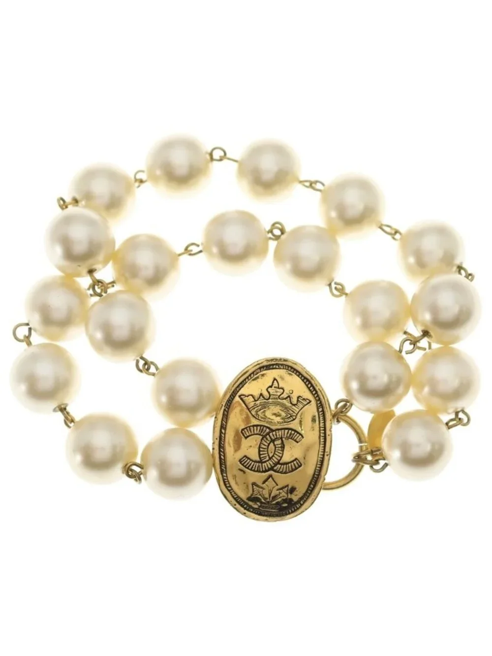 Chanel CC Logo Crown Faux Pearl Bracelet White Gold